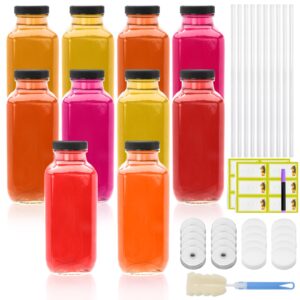 encheng glass juice bottles with lids 16oz,sqaure juicing bottles reusable glass drinking jars set of 10,empty 500ml juice containers glass bottles for juice,smoothies,water,kombucha