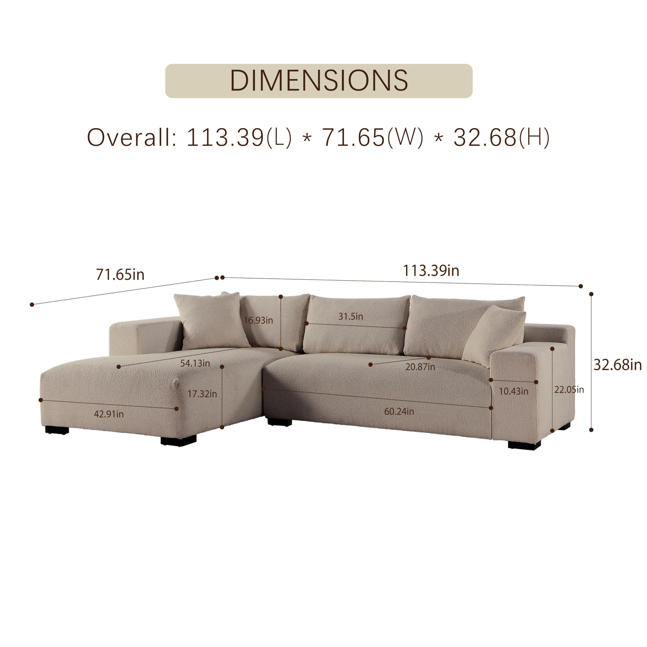 Get Set Style 113" Sectional Sofa, Modern Boucle Fabric L-Shaped Sofa Couch Bed 2 Piece Modular Sectional Couches with Chaise with 2 Pillows for Living Room,Bedroom (Taupe)