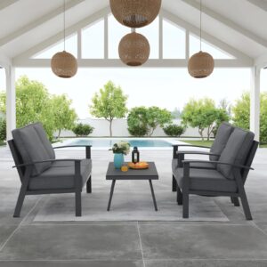 OC Orange-Casual Outdoor Aluminum Furniture Set - 4 Pieces Patio Sectional Chat Sofa Conversation Set with Coffee Table and Loveseat, Includes Thick Cushions,for Lawn Backyard, Grey