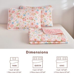 Joyreap 3 Pieces Cotton Quilt Set for Girls, Full/Queen Size Floral Pink Flowers Design, Cozy Lightweight Quilt Bedspread Bed Cover for All Season, 1 Quilt and 2 Pillow Shams- 90x90 inches