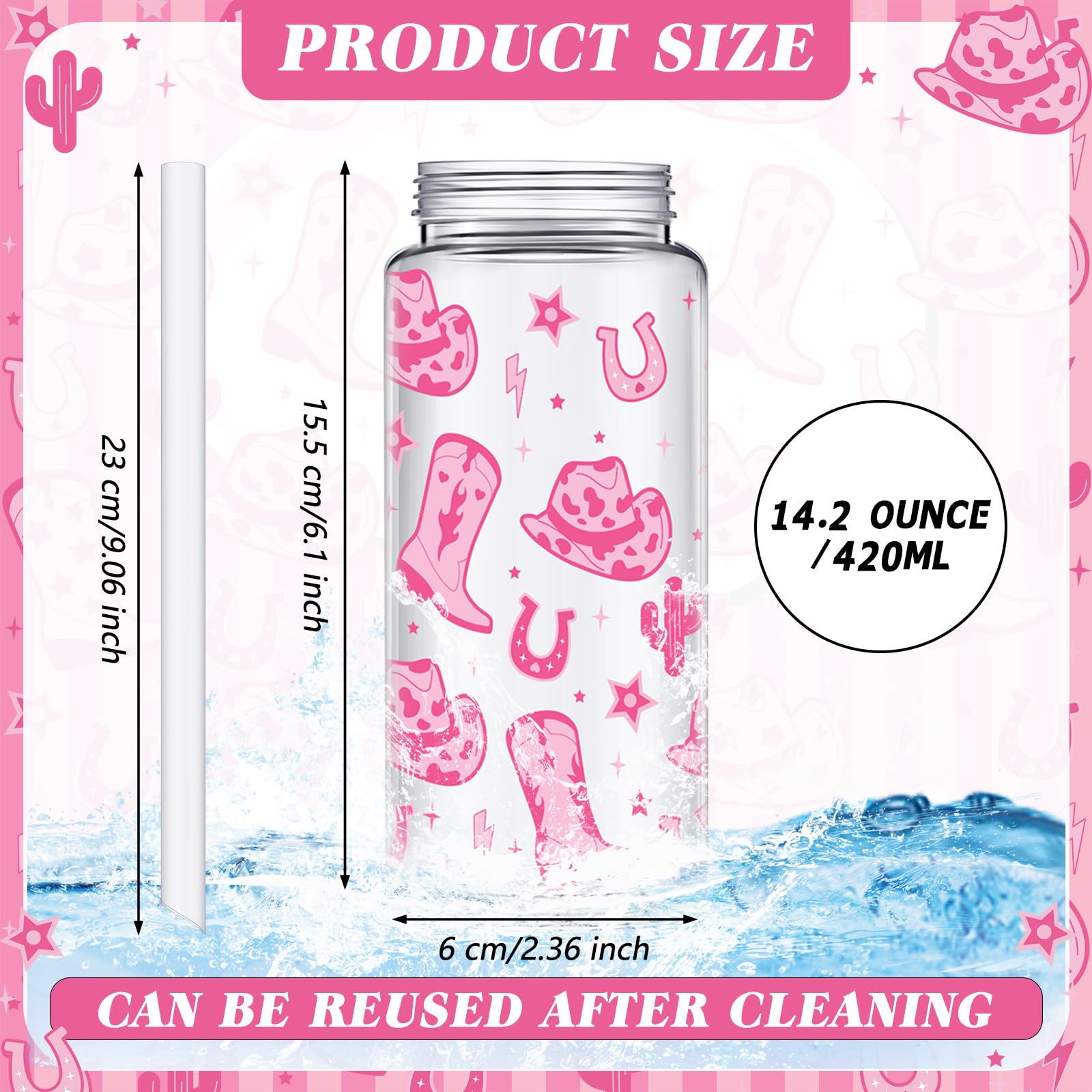 Qinyoung 24 Pcs Western Cowgirl Cowboy lPlastic Tumbler 14.2 oz Reusable Cups with Lids and Straws Beer Can Iced Coffee Cup for Preppy Party Decoration Women Cowgirl Gift(Pink)