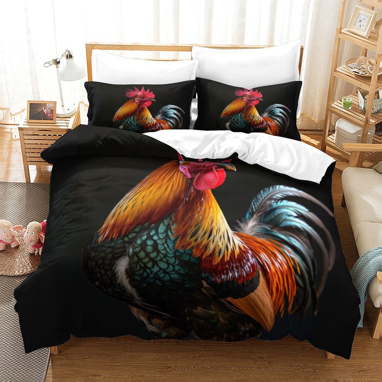 ERGTT Big Rooster 3D Print Birds Comforter Covers for Boys Girls Quilt Cover Duvet Cover Bedding Set with Zipper Closure with Pillow Cases Soft Microfiber 3 Pieces Queen（228x228cm）, Style-3