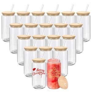 20 pack sublimation glass cans transparent sublimation beer glass can shaped with bamboo lids borosilicate glasses tumbler mason jar cups mug with straw for beer, juice, soda, iced coffee, drinks 16oz