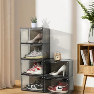 EOENVIVS Shoe Storage Boxes Large Shoe Boxes Fit Size 13, 6 Pack Clear Plastic Shoe Organizer with Stackable Design and Magnetic Door, Space Saving Shoe Containers for Boots and Sneakers, Grey