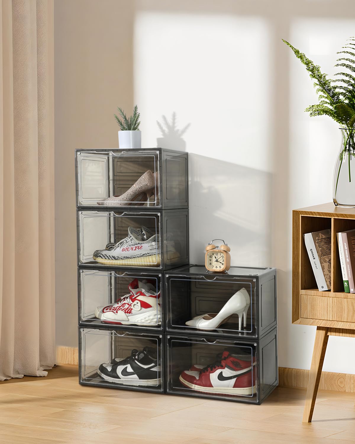 EOENVIVS Shoe Storage Boxes Large Shoe Boxes Fit Size 13, 6 Pack Clear Plastic Shoe Organizer with Stackable Design and Magnetic Door, Space Saving Shoe Containers for Boots and Sneakers, Grey