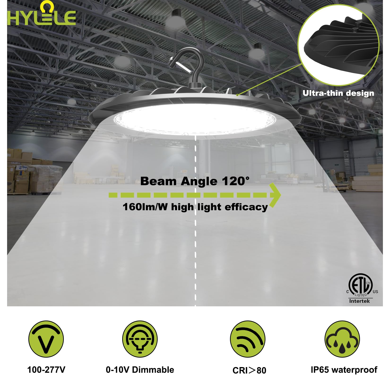 Hylele UFO LED High Bay Lights 150W-120W-100W Adjustable Commercial Bay Lighting 24000lm 6000K/5000K/4000K 0-10V Dimmable Plug-in for Warehouse Workshop