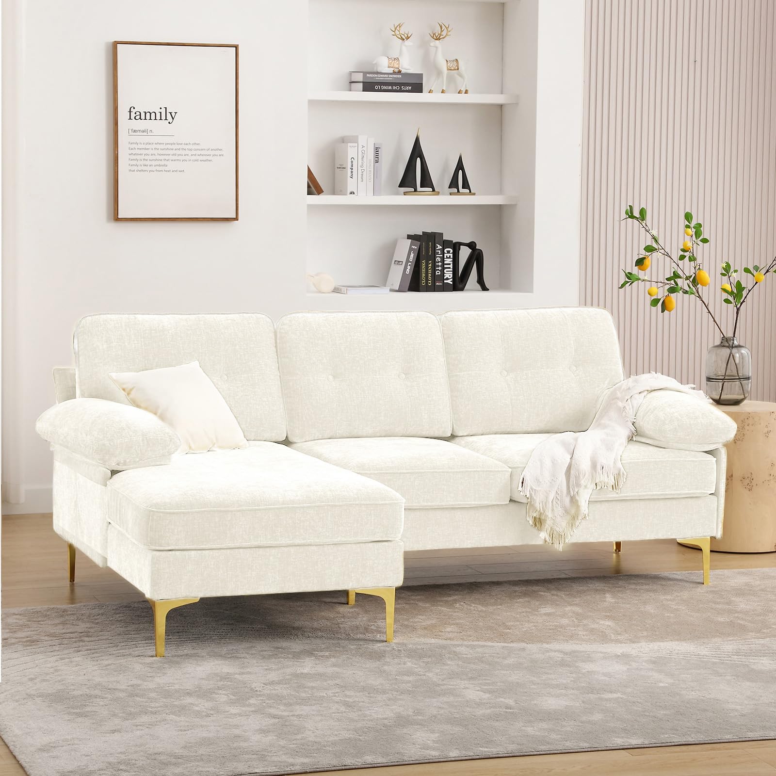 YOUDENOVA 82.7" L Shape Convertible Sectional Sofa, Comfy Chenille Sofa Couch for Living Room with Reversible Chaise, 3-Seat Modern Couch with Removable Cushion for Small Spaces (Beige)