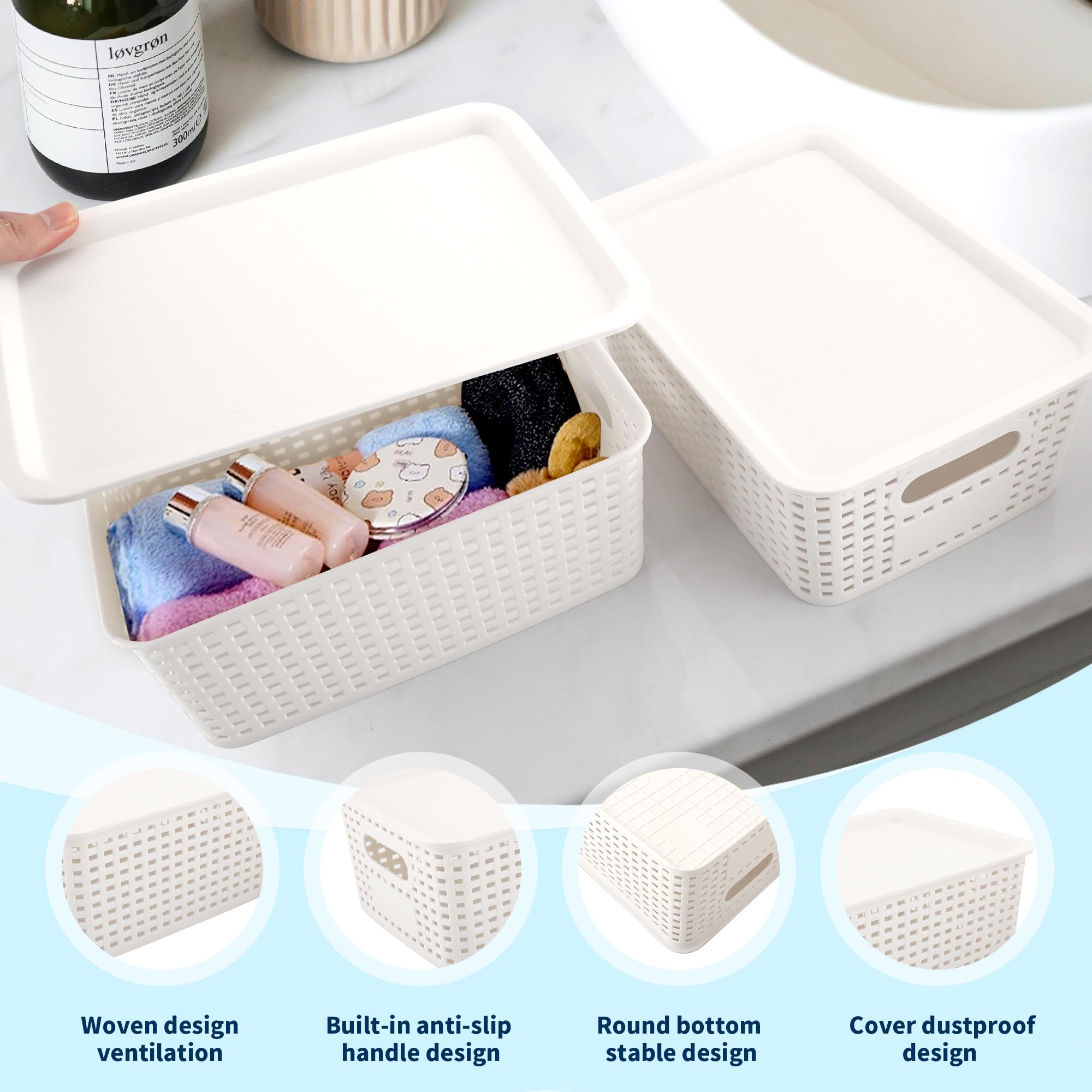 WEJOZEE Plastic Storage Baskets with Lid - Plastic Storage Containers Stackable Storage bins| Storage Baskets for Organizing Shelves Drawers Desktop Closet Playroom Classroom Office (‎Cream White)