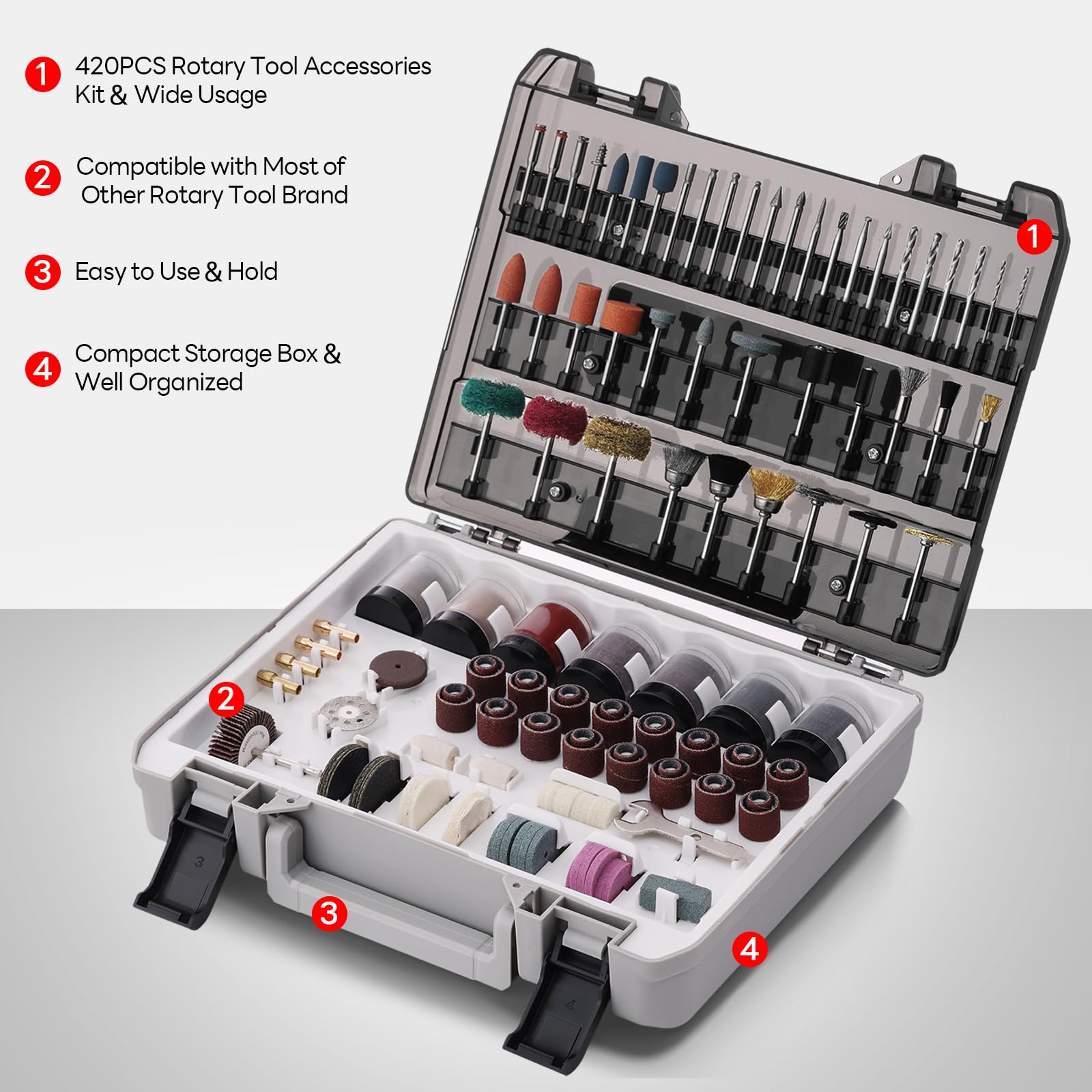 Rotary Tool Accessories Kit - 420PCS Rotary Tool Bits, PHALANX 1/8"(3.2mm) Diameter Shanks Universal Fitment with Carrying Case Easy Storage, Cutting Bits Polishing Wheel Carving Drilling Cleaning Etc