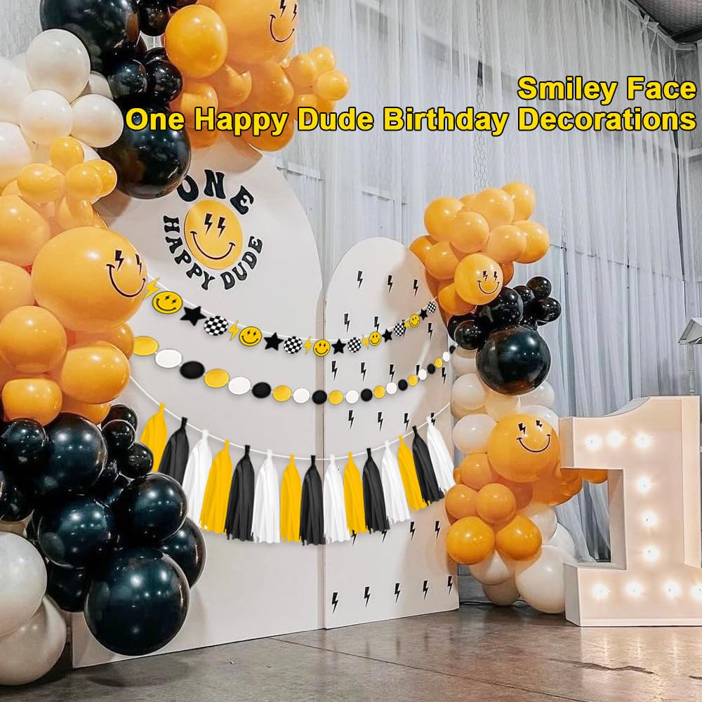 One Happy Dude Banner Garland Pre-Strung - Pack of 3, Lightning Smiley Face Banner, Yellow Black Paper Tassels & Felt Ball Bunting, Great for Baby Shower 1st Birthday Party Decoration Supplies