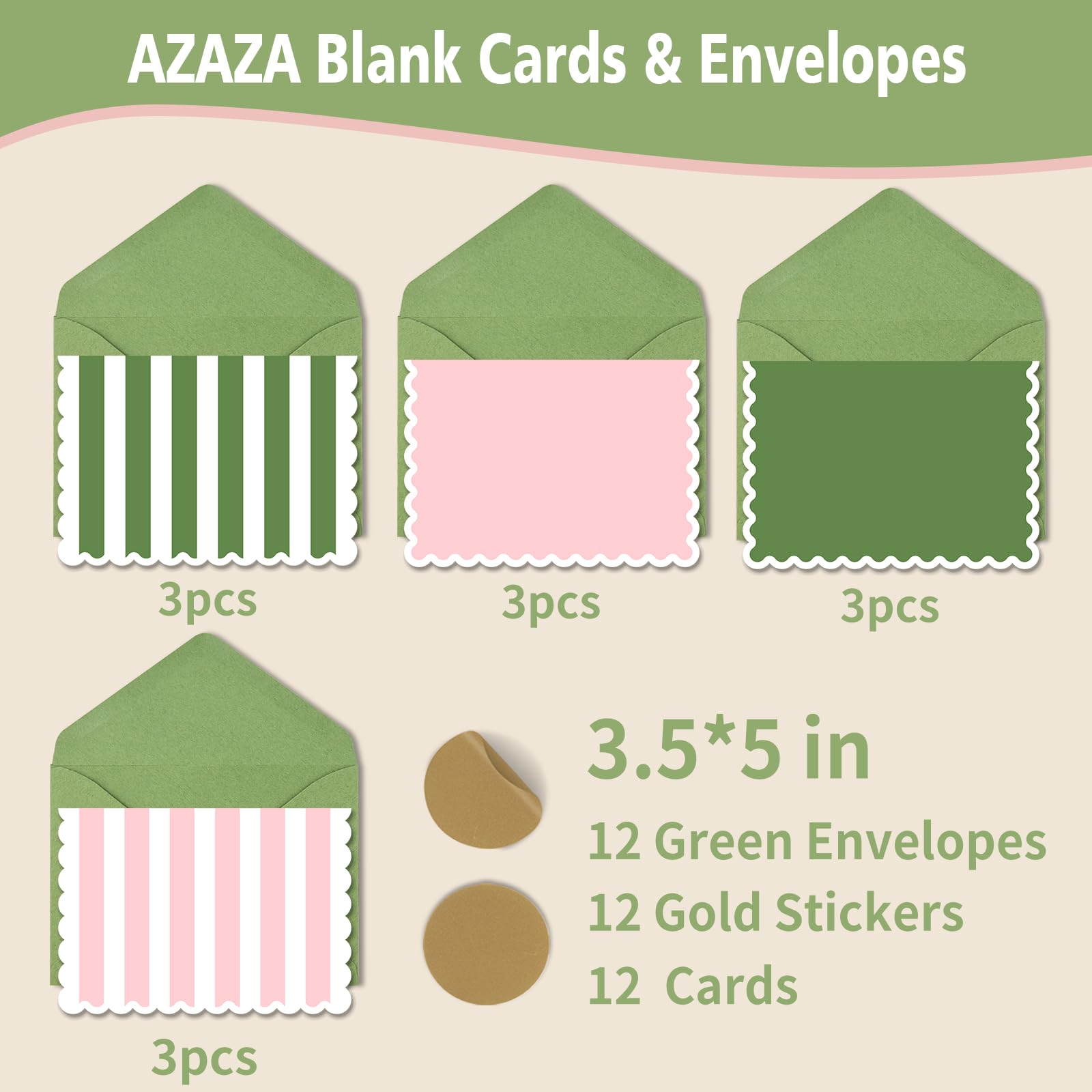 AZAZA Blank Cards and Envelopes 12 Pack Baby Shower Thank You Cards, 3.5x5 Mini Striped Greeting Cards with Envelopes for Small Business, Wedding, Bridal shower (Pink and Green)