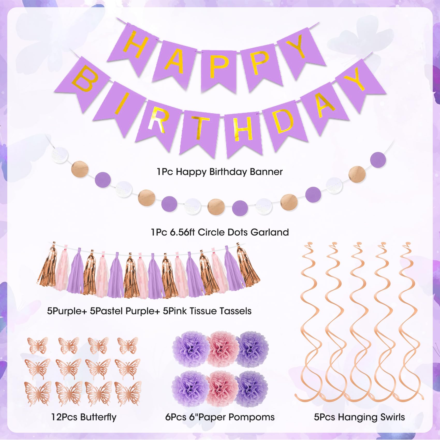 Purple Pink Birthday Party Decorations for Women Girls, Butterfly Confetti Rose Gold Lavender Balloons Happy Birthday Banner Fringe Curtains Hanging Swirls Circle Dots Tassels Pom 30th 40th 50th Her