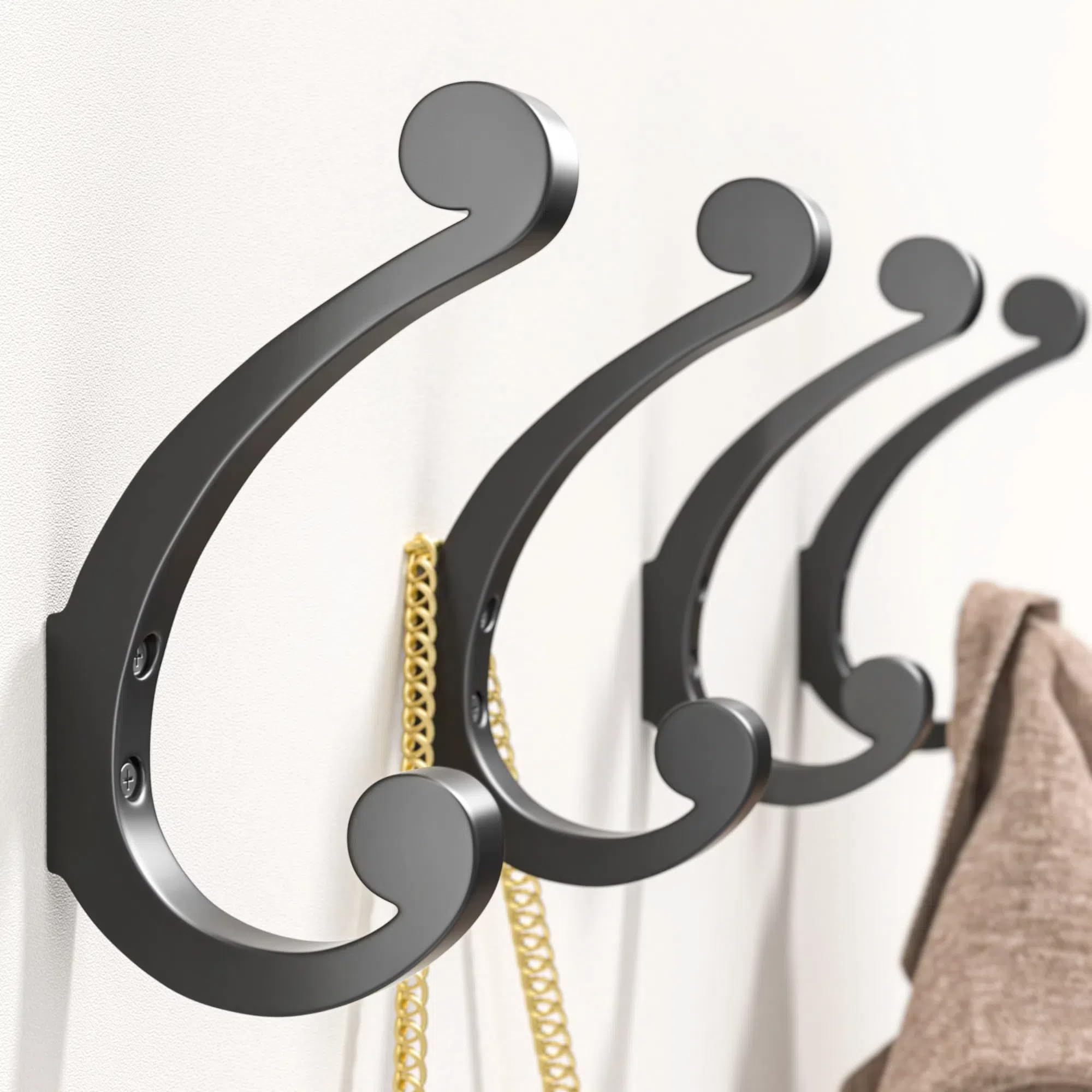 Josmimic Coat Hooks Wall Mount for Hanging - Black Large Retro Double Hooks with Screws, Heavy Duty Coat Hanger, Holder 40Lb, Coat Rack for Towels, Keys, Hats, Mug, Bags, Clothes, Purse, 4 Pack