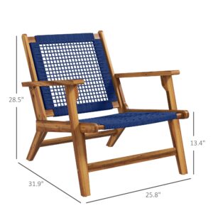 Outsunny Patio Acacia Wood Adirondack Chair, Modern Wood Fire Pit Chair with PP Rope Weave, Coconino Lounge Chair with High Backrest Support, Dark Blue