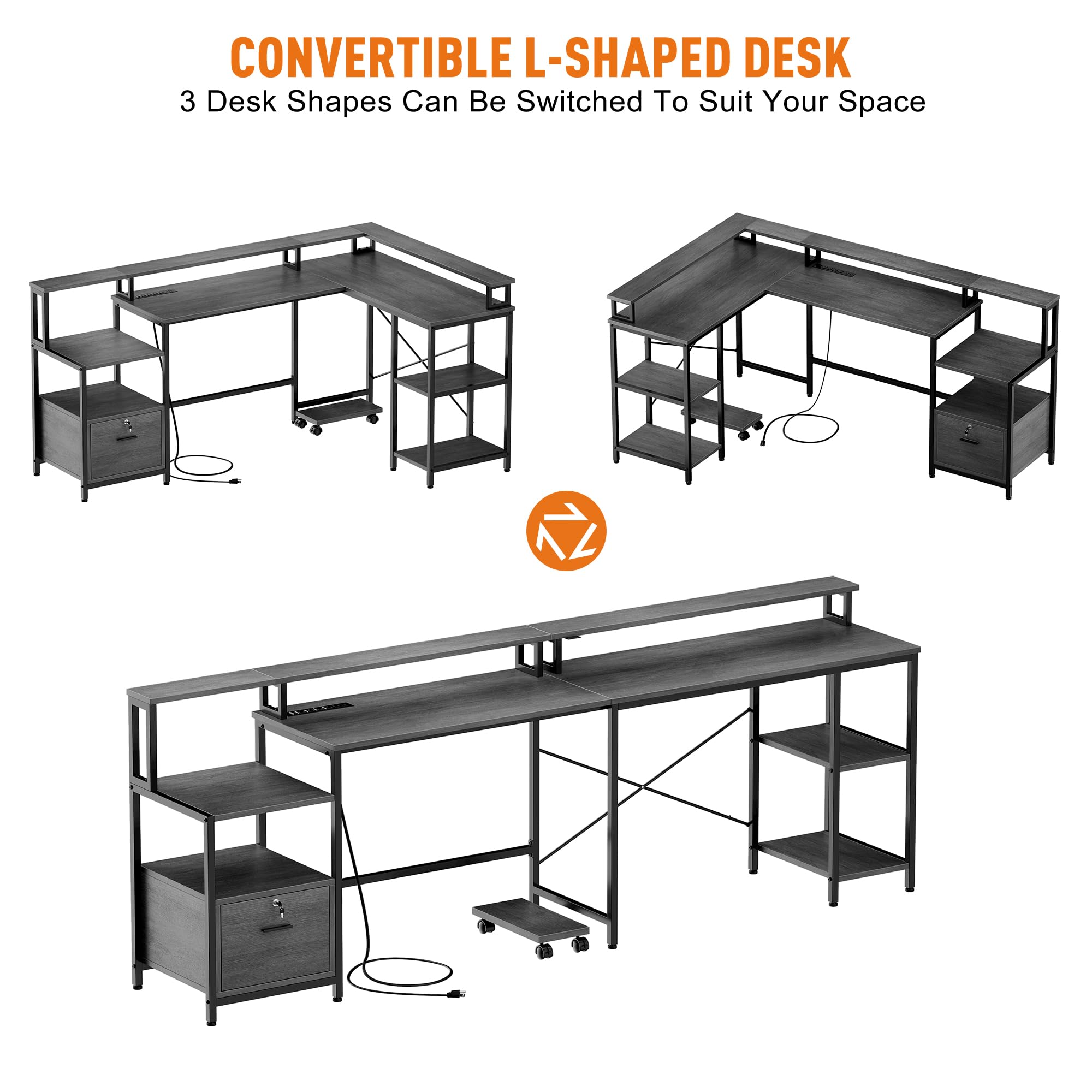 IDEALHOUSE L Shaped Desk - 76" Reversible L Shaped Computer Desk with File Drawer, Office Desk with Power Outlet, L Shaped Gaming Desk with Monitor Shelf, Corner Desk for Home Office, Grey Oak