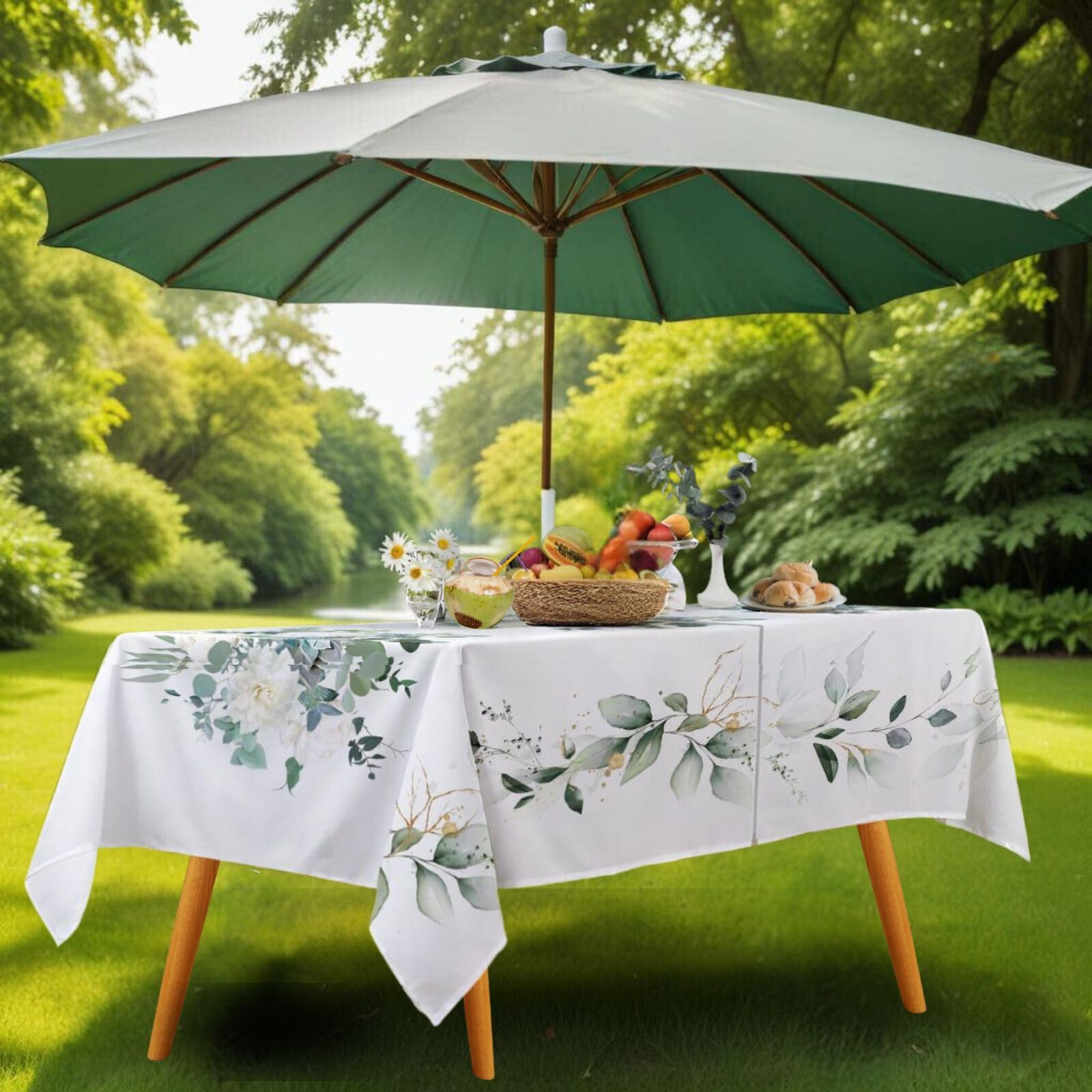 Summer Outdoor Tablecloth with Umbrella Hole and Zipper, Eucalytpus Water Color Table Cloth for Rectangle Tables, Water Resistant Rectangular Polyester Table Cover for Picnic/Patio 60 * 84 Green