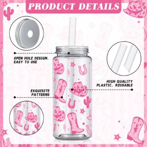 Qinyoung 24 Pcs Western Cowgirl Cowboy lPlastic Tumbler 14.2 oz Reusable Cups with Lids and Straws Beer Can Iced Coffee Cup for Preppy Party Decoration Women Cowgirl Gift(Pink)