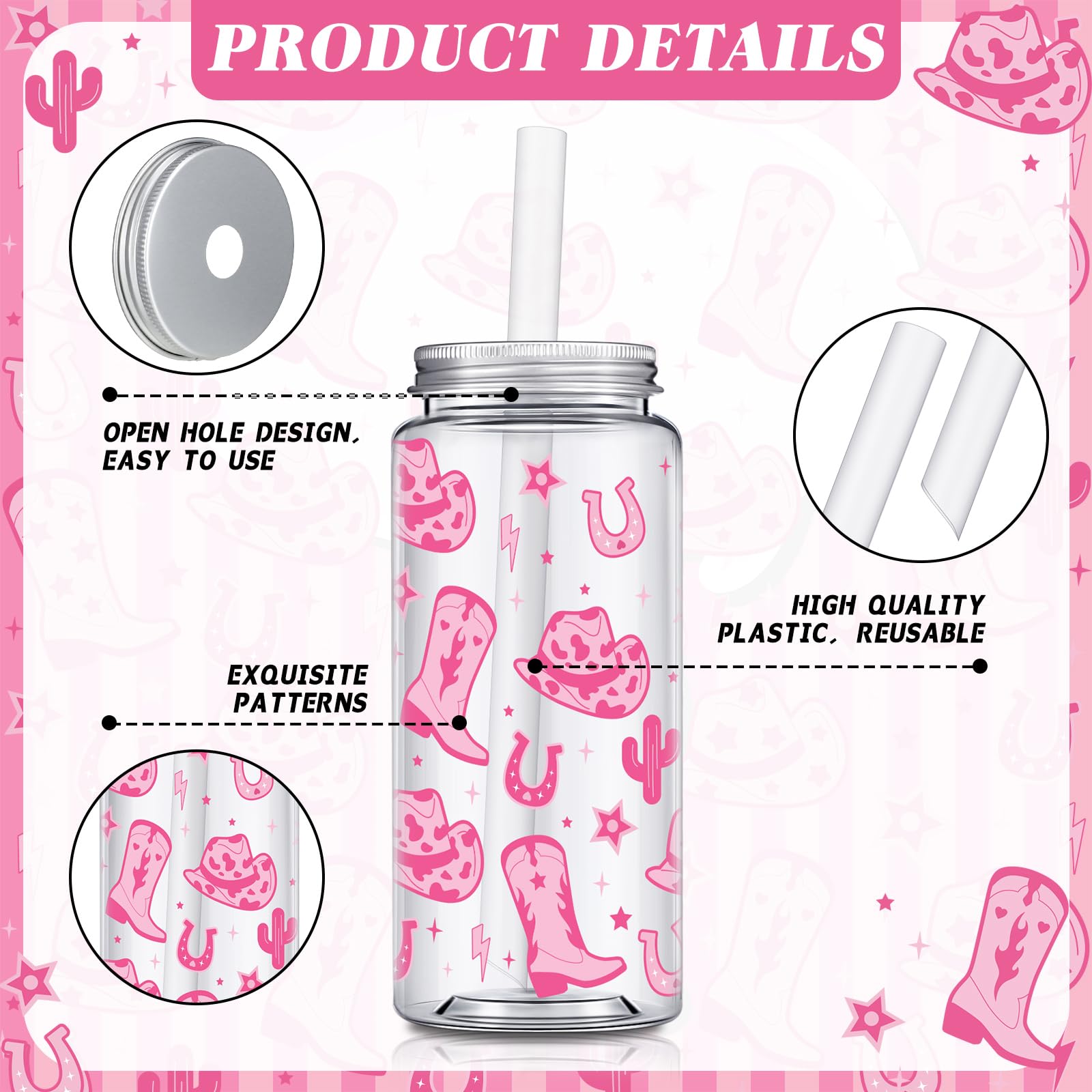 Qinyoung 24 Pcs Western Cowgirl Cowboy lPlastic Tumbler 14.2 oz Reusable Cups with Lids and Straws Beer Can Iced Coffee Cup for Preppy Party Decoration Women Cowgirl Gift(Pink)