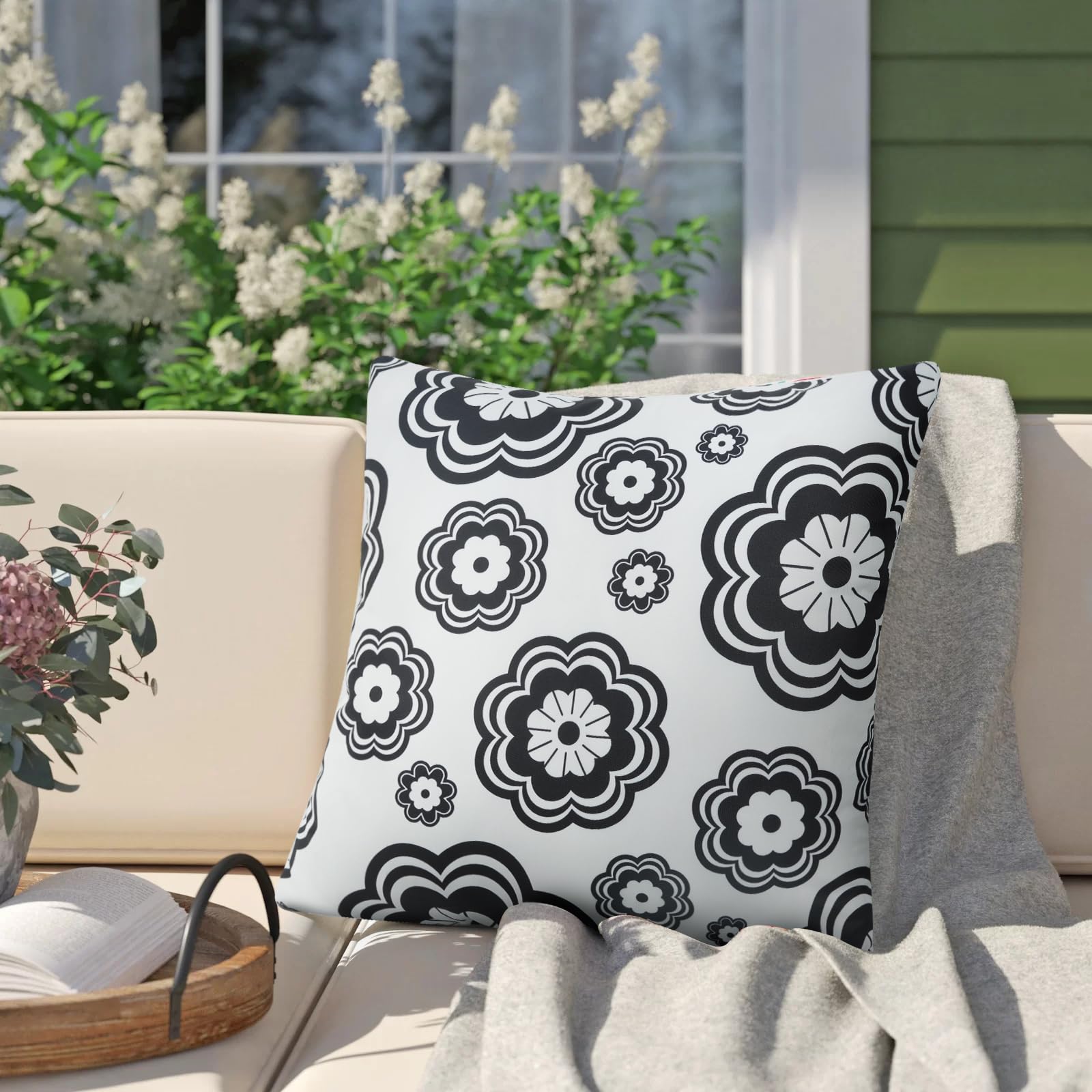 JASEN Black and White Floral Outdoor Pillow Cover, Outdoor Pillow Covers 18x18 Waterproof Set of 2, Decorative Throw Pillow Cover for Outside Patio Furniture Garden (No Inserts)