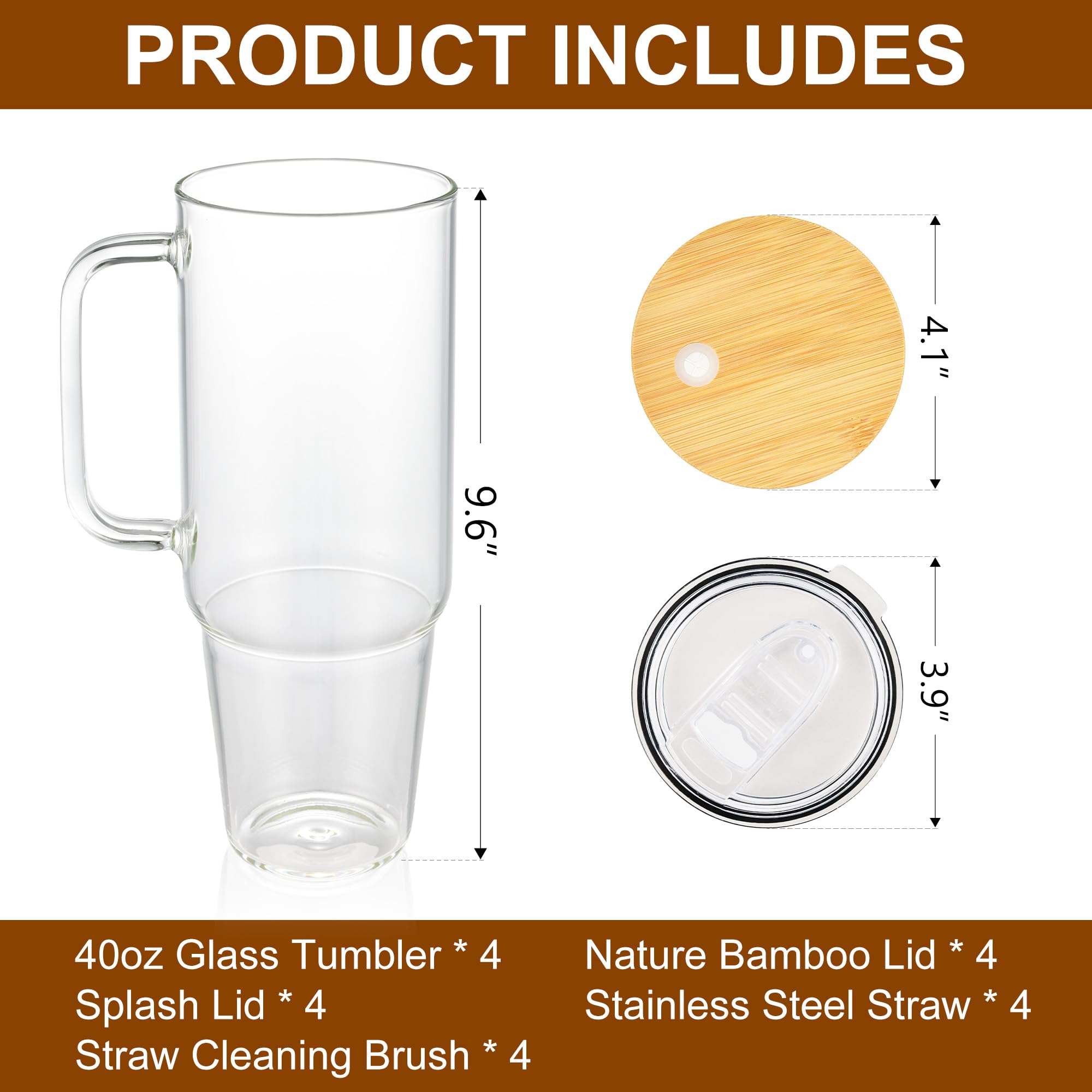 Laosh 40 oz Sublimation Glass Tumbler with Handle, Clear Tumblers with Lid and Straw, 40oz Large Capacity Drinking Glass Cups Bulk for Smoothie, Beer, Coffee, Tea, Milk, soda, water - 4 Pack