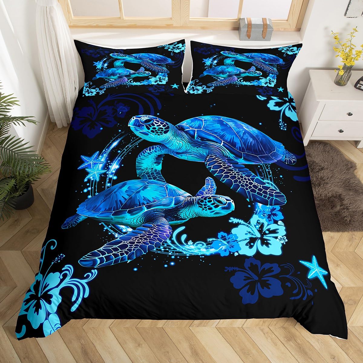 Manfei Sea Turtle Kids Duvet Cover Set Queen Size, Blue Flower Starfish Bedding Set for Boys Girls Adult Bedroom Decor, Marine Animal Theme Comforter Cover, Soft Polyester Quilt Cover, 2 Pillowcases