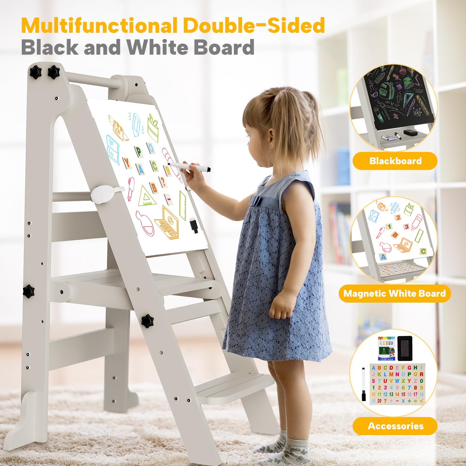 Toddler Tower Foldable, Kitchen Step Stool Helper with Safety Railing & 3 Adjustable Heights, Standing Tower with Double-Sided Drawing Board, Montessori Kitchen Tower for Toddlers/Kids Learning (Grey)