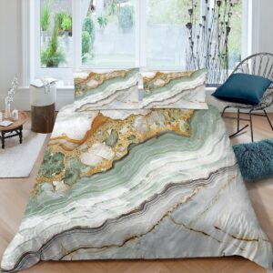 CCoutueChen Sage Green Marble Duvet Cover Queen Size Gold Foil Print Comforter Bedding Set Green White Marble Duvet Covers Set Modern Abstract Comforter Cover with 2 Pillowcases（Girls Women Adult）