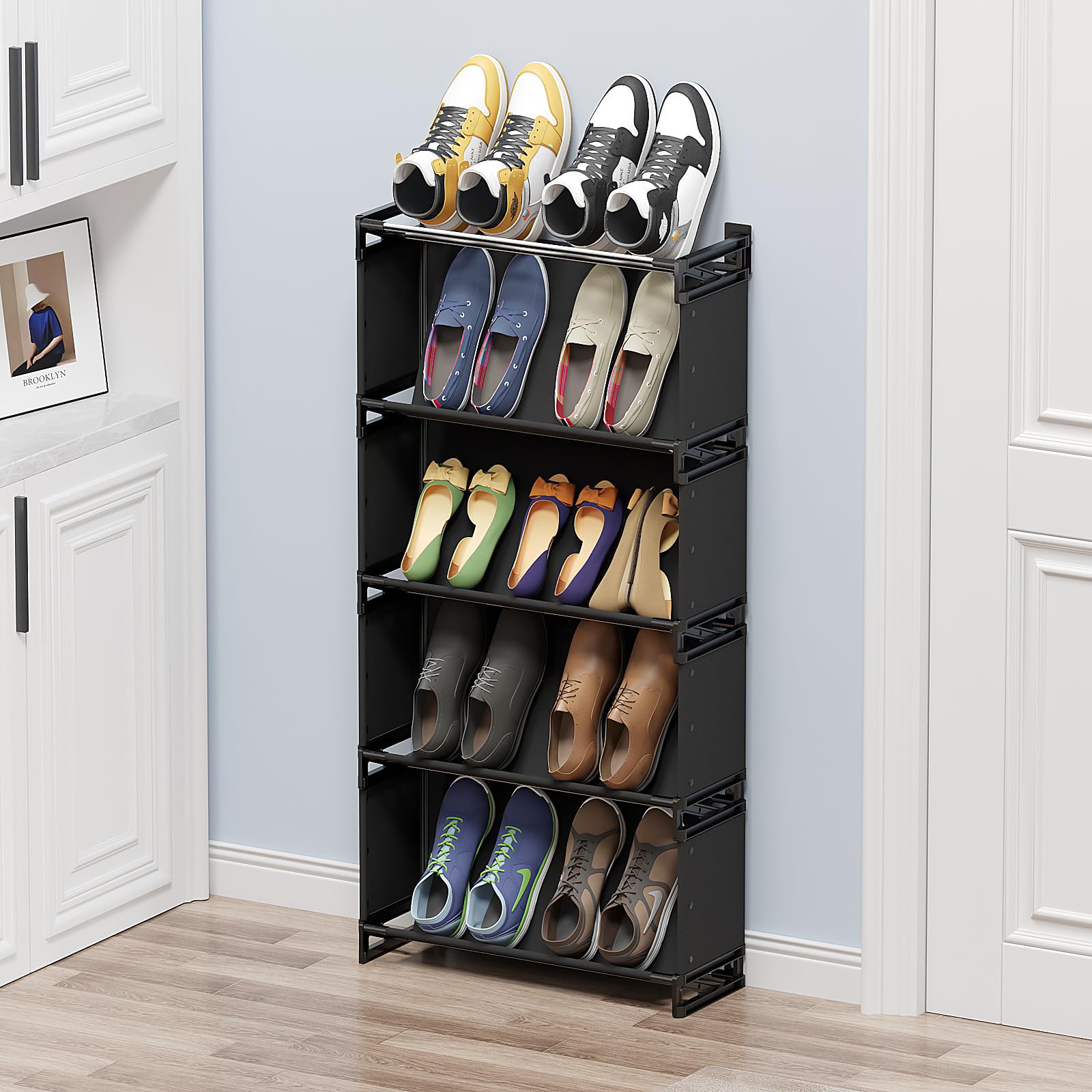 DEYILIAN Space Saving 5 Tier Shoe Rack,Sturdy Stainless Steel with Non Woven Fabric Plastic Connectors Holds up to 10 Pairs Men's Shoes for Entryway Narrow Spaces Behind Doors and Closet