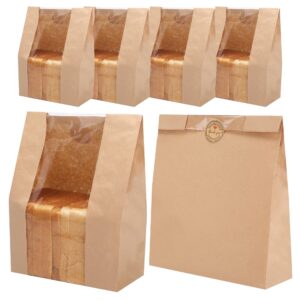 bread bags for homemade bread sourdough bread bags - 60 pack - large kraft paper bakery bag with clear window with label seal stickers for packaging baked food bread storage (13.7''x8.2''x3.5'')