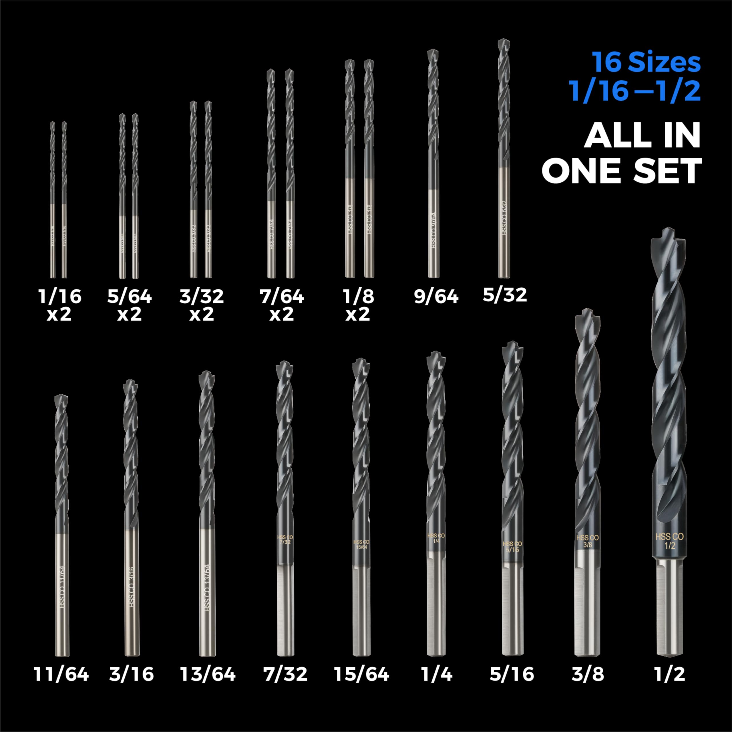 toolant Cobalt Drill Bit Set(Pro) Titanium Aluminum Nitride Coated (TiAlN) with Bullet Point Tip, 21-Piece (1/16" - 1/2")