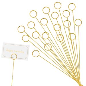 abeillo 20pcs gold floral card holder picks, metal flower card holder stick, round shape table name number clips, place card holder for gift card photo memo bouquet decorations