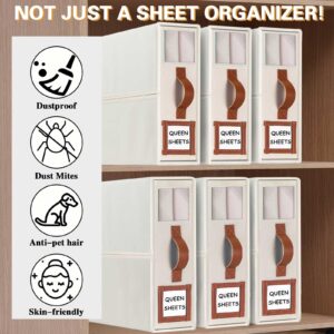 GhvyenntteS Bed Sheet Organizers and Storage 4 Pack (Queen & King Size), Foldable Sheet Organizers and Storage with Window and Label, Bed Sheet Organizer with Leather Handle, Beige