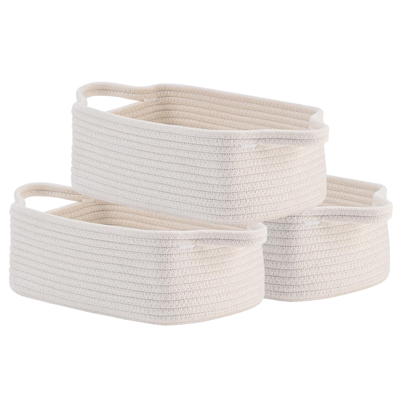 Small Woven Basket, 12 x 8 x 4.5 Inches, Small Storage Baskets for Organizing, Gift Baskets Empty, Cute Small Rope Shelf Closet Storage Bins Baskets for Shelves, Dog Toy Basket, 3 Packs, Off White