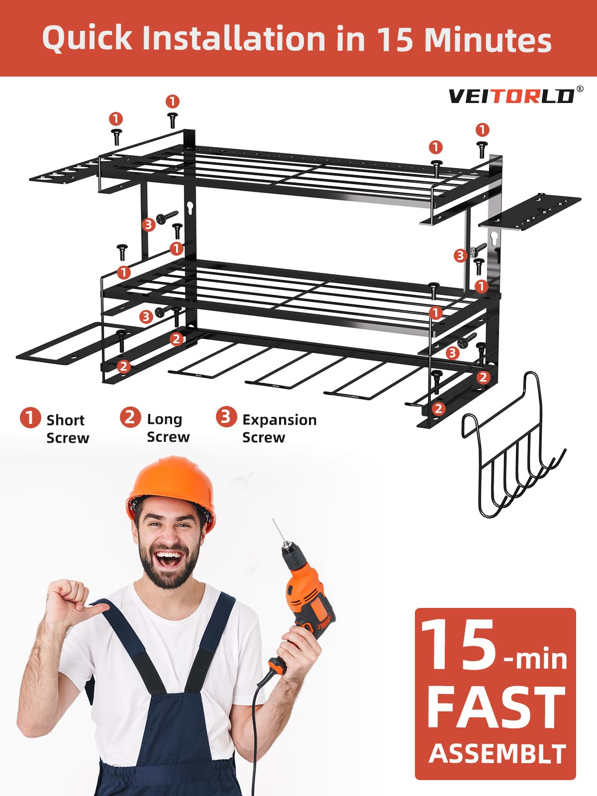 Gifts for Men Dad Husband Him, Power Tool Organizer Wall Mount, 4 Drill Modular Tool Storage Shelf with Hooks, Drill Holder for Garage Organization, Cool Anniversary Birthday Gifts for Men Women