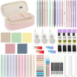 moko 60pcs aesthetic school supplies with cute pencil case,12 pastel highlighters,5 black ink gel pens,6 mechanical pencil set 0.5 & 0.7 mm for students stationary college essentials