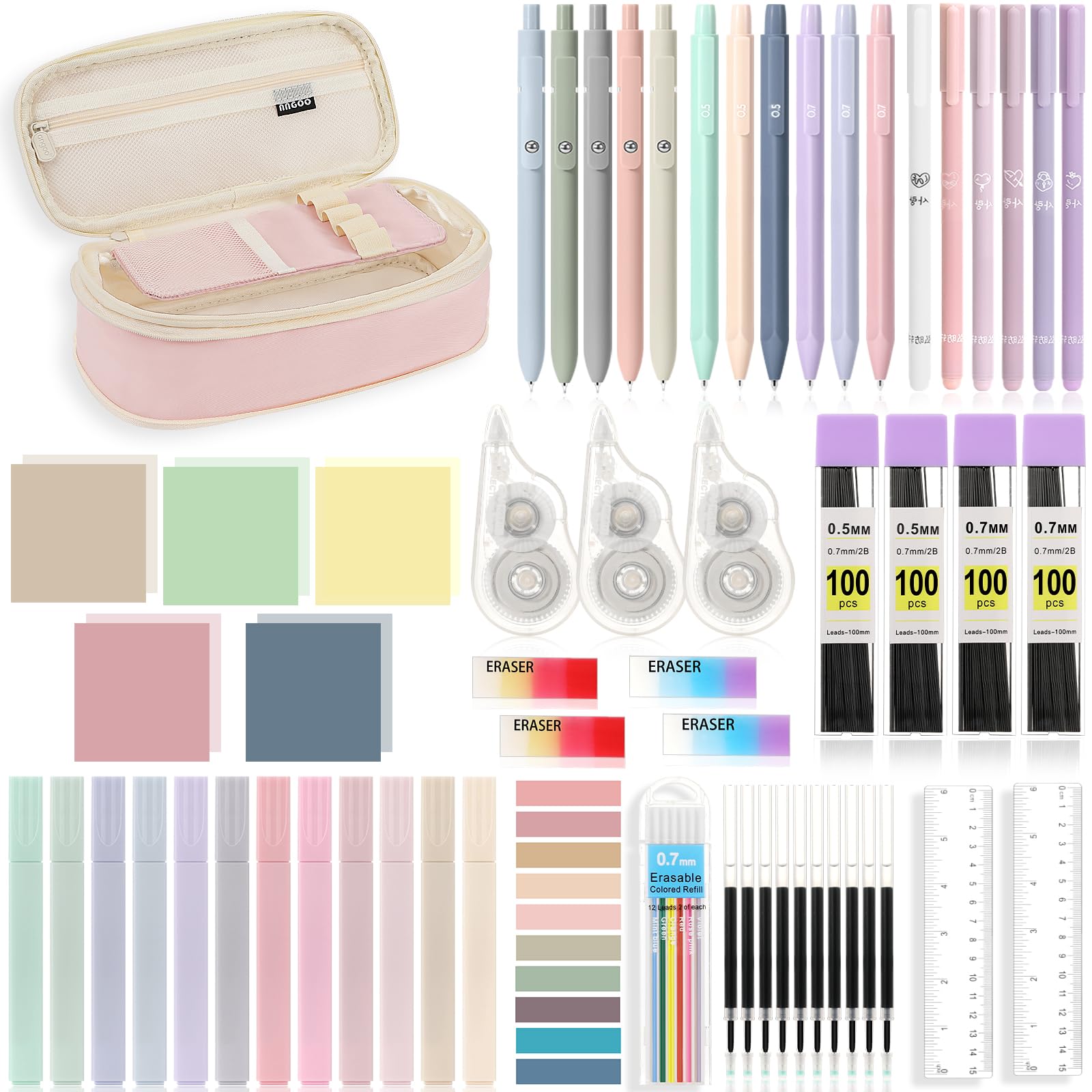 MoKo 60Pcs Aesthetic School Supplies with Cute Pencil Case,12 Pastel Highlighters,5 Black Ink Gel Pens,6 Mechanical Pencil Set 0.5 & 0.7 mm for Students Stationary College Essentials