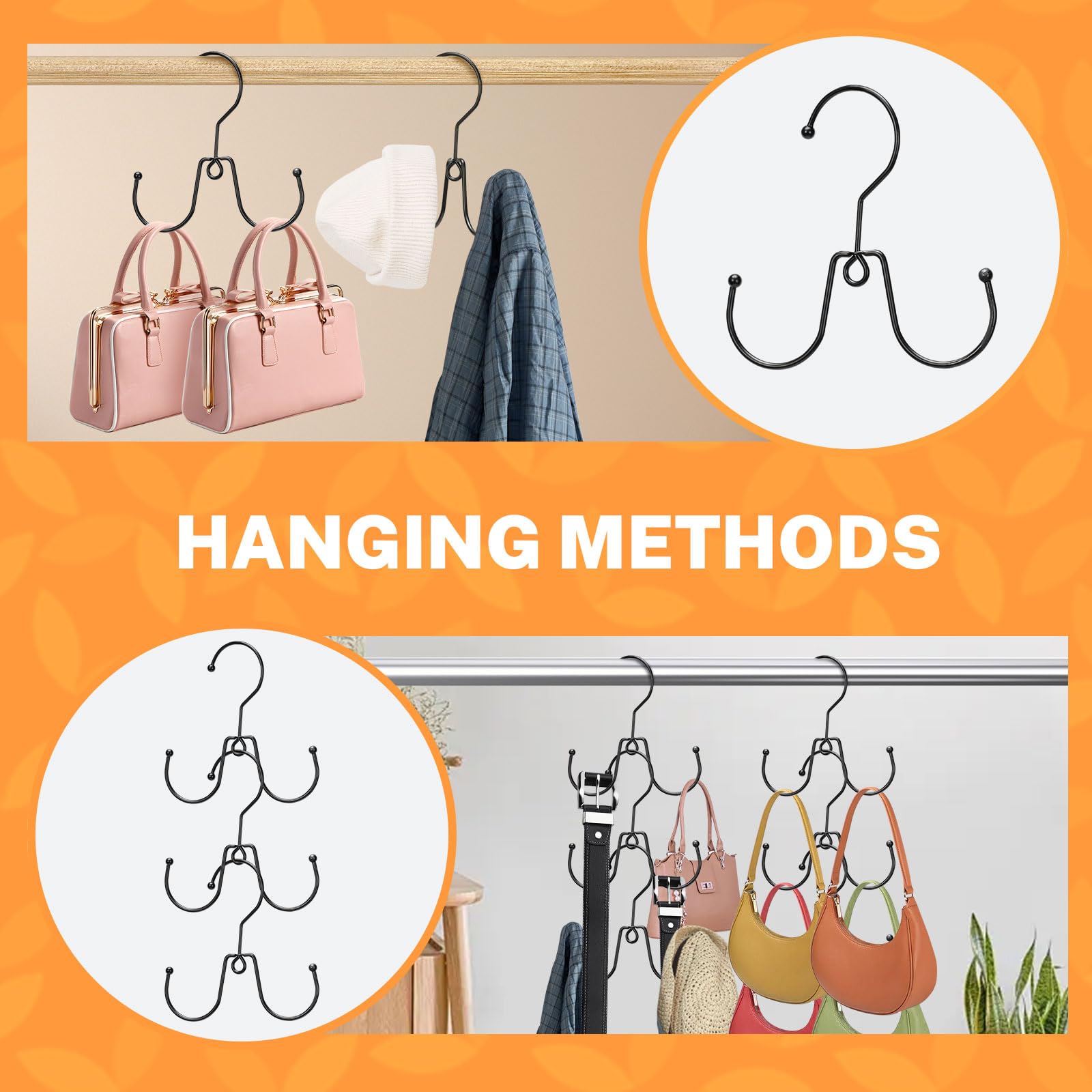 8 Pack 16 Purse Hanger Purse Organizer for Closet, Purse Storage Hooks, 360° Rotatable Space Saving Closet Organizers and Storage for Purse, Handbag, Bag, Jeans, Belt, Scarf