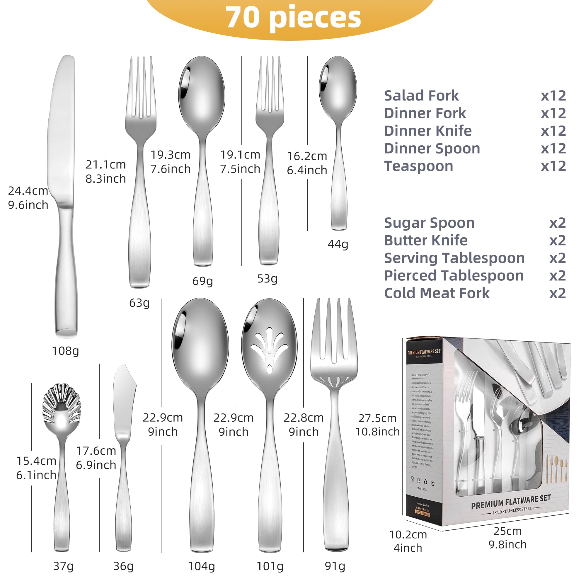 70-Piece 18/10 Stainless Steel Flatware Set for 12 with 2 Sets of Serving Utensil, Heavy Duty Silverware Set, High End Flatware, Dishwasher Safe, Ideal for Gift