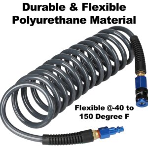 EADUTY Heavy Duty Polyurethane Recoil Air Hose 1/4 in x 10 ft, Lightweight, Flexible Compressor Hose with Universal Quick Coupler, Plug and Bend Restrictors, Gray