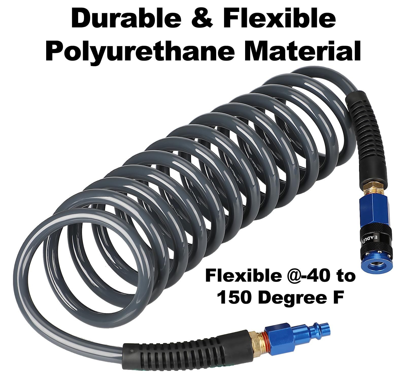 EADUTY Heavy Duty Polyurethane Recoil Air Hose 1/4 in x 10 ft, Lightweight, Flexible Compressor Hose with Universal Quick Coupler, Plug and Bend Restrictors, Gray