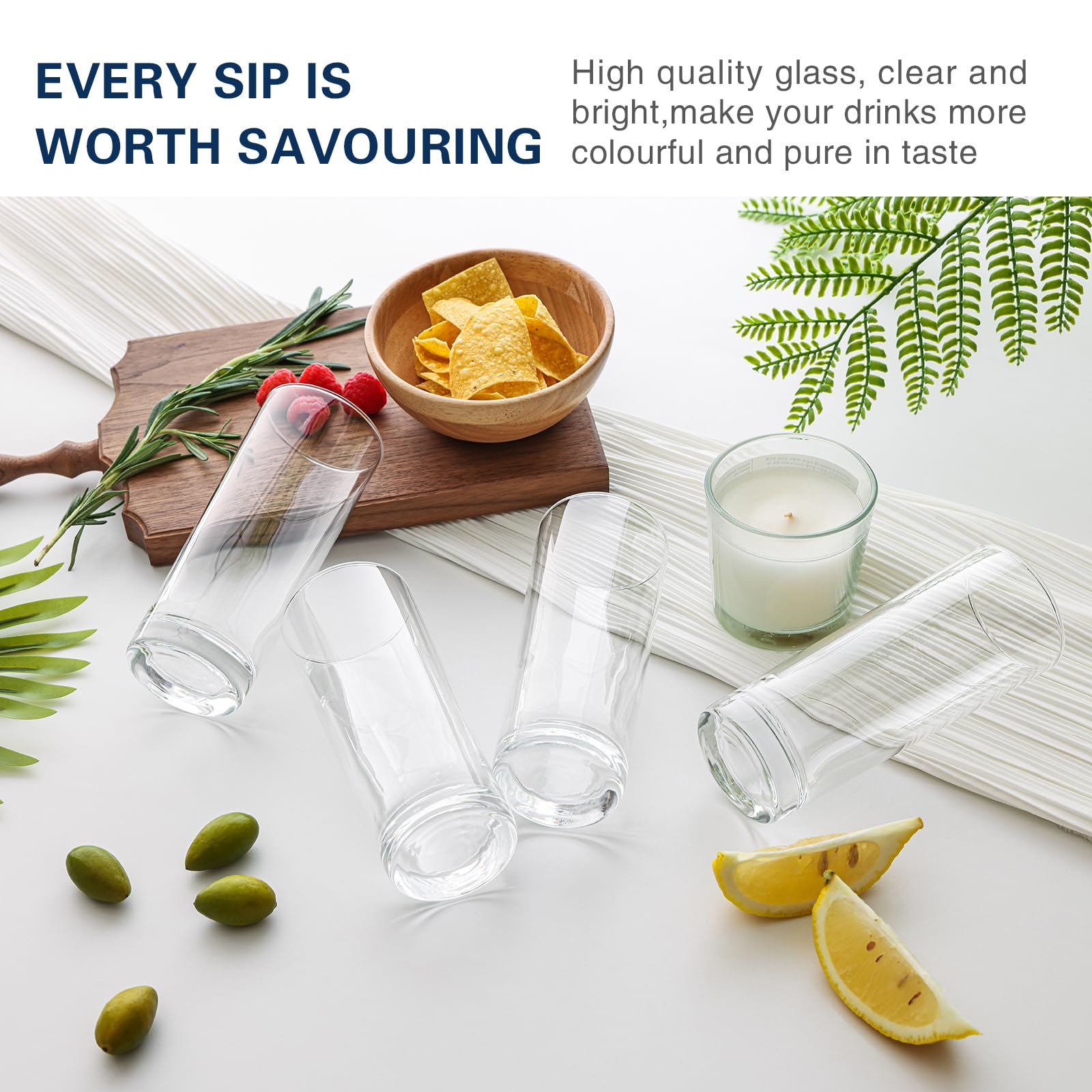 OUWO Highball Glasses Set of 6, 11.5oz Tall Drinking Glasses, Water Glass for Kitchen, Mojito Glass Cups, Cocktail Glasses for Bar Glassware