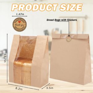 Bread Bags for Homemade Bread Sourdough Bread Bags - 60 Pack - Large Kraft Paper Bakery Bag with Clear Window with Label Seal Stickers for Packaging Baked Food Bread Storage (13.7''x8.2''x3.5'')