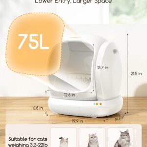 MeoWant Self-Cleaning Cat Litter Box, 75L Extra Large Open Automatic Cat Litter Box for Multi Cats, Integrated Safety Protection/APP Control/Odor Removal Smart Litter Box with Mat & Liner