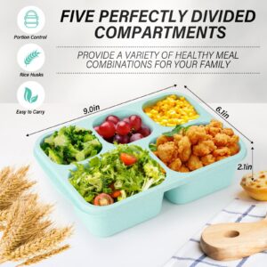 EWVVSS 4 Pack Bento Snack Box 5-Compartment Snack Containers Reusable Wheat Straw Divided Lunch Container for Adults & Kids for School, Work, Travel, Family Picnics