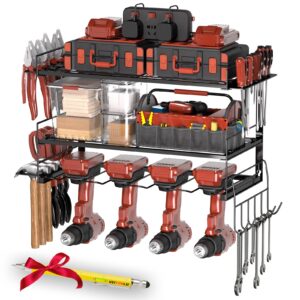 gifts for men dad husband him, power tool organizer wall mount, 4 drill modular tool storage shelf with hooks, drill holder for garage organization, cool anniversary birthday gifts for men women