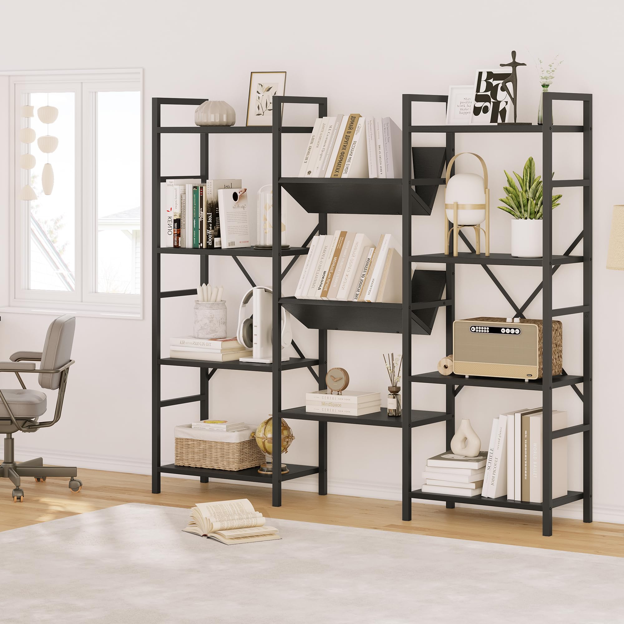 IDEALHOUSE 4 Tier Bookshelf, Industrial Bookcase and Short Bookshelf with Storage, Open Large Metal Frame Display Shelves for Living Room, Bedroom, Home Office-Black