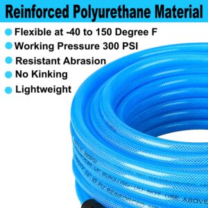 EADUTY Heavy Duty Reinforced Polyurethane Air Hose 1/4 in x 100 ft, Lightweight, Flexible Compressor Hose with Universal Quick Coupler, Plug and Bend Restrictors, Blue