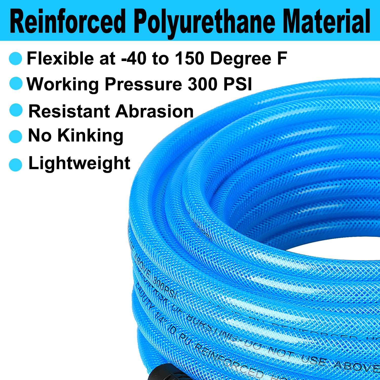 EADUTY Heavy Duty Reinforced Polyurethane Air Hose 1/4 in x 100 ft, Lightweight, Flexible Compressor Hose with Universal Quick Coupler, Plug and Bend Restrictors, Blue