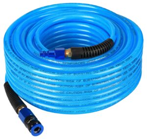 eaduty heavy duty reinforced polyurethane air hose 1/4 in x 100 ft, lightweight, flexible compressor hose with universal quick coupler, plug and bend restrictors, blue