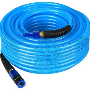 EADUTY Heavy Duty Reinforced Polyurethane Air Hose 1/4 in x 100 ft, Lightweight, Flexible Compressor Hose with Universal Quick Coupler, Plug and Bend Restrictors, Blue